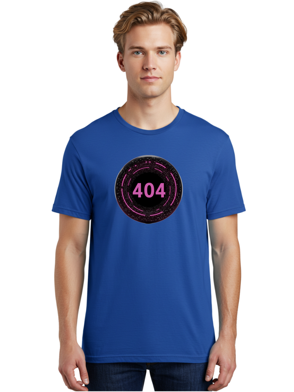 404-3 Men'S Graphic Tee, 100% Cotton, Comfortable Casual Summer Wear, Machine Washable, 404 Error, Page Not Found, Digital Glitch, Pink Neon, Futuristic Design, Cyberpunk Aesthetic, Error Message, Circular Pattern, Binary Code, Website Error Baa060