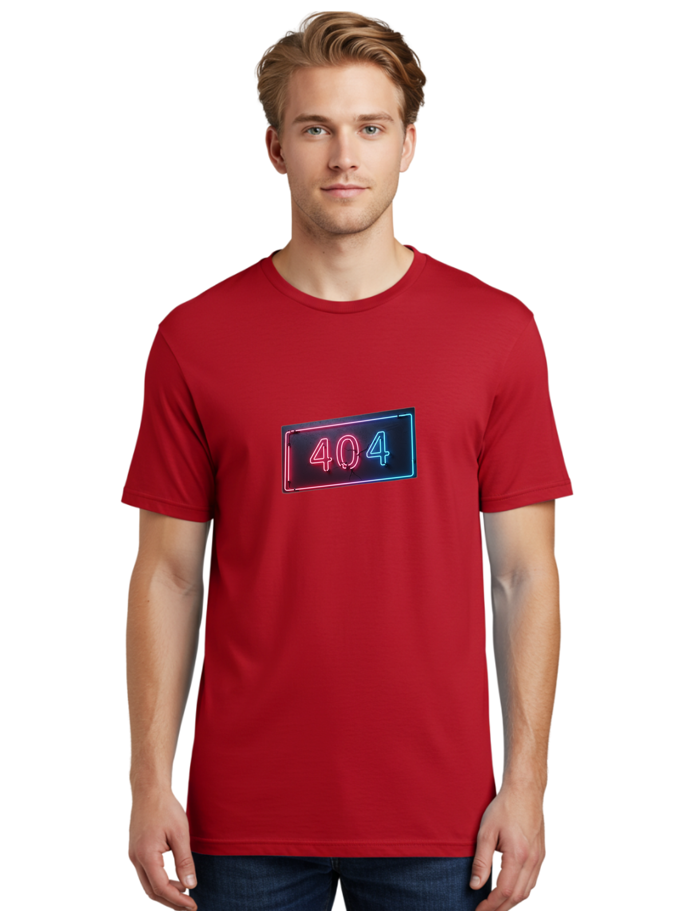 404-4 Men'S Graphic Tee, 100% Cotton, Comfortable Casual Summer Wear, Machine Washable, 404 Error Sign, Neon Sign, Red And Blue Neon, Glowing Numbers, Page Not Found, Error Message, Digital Signage Baa061