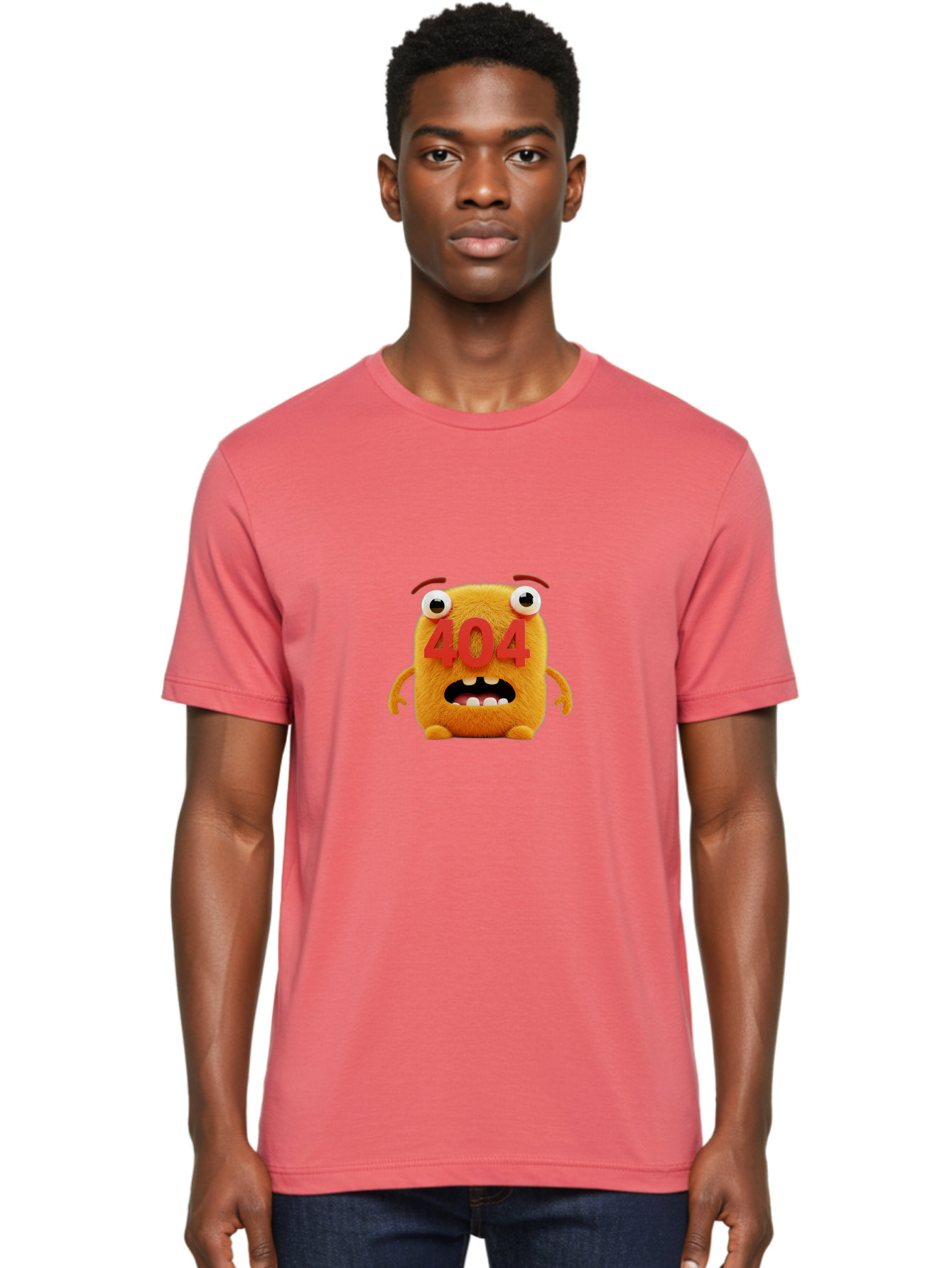 404-Character-1 Men'S Graphic Tee, 100% Cotton, Comfortable Casual Summer Wear, Machine Washable, Error Message, 404 Page Not Found, Cartoon Character, Angry Face, Red Numbers, Fuzzy Texture, Eyeballs Popped Out, Shocked Expression, Baa067