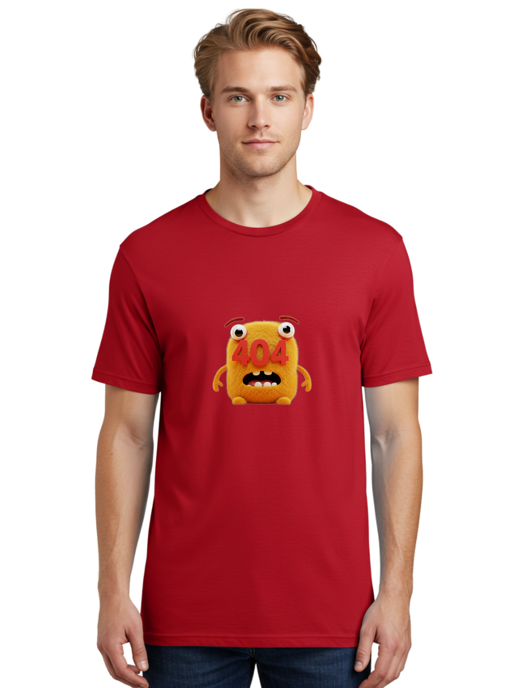 404-Character-1 Men'S Graphic Tee, 100% Cotton, Comfortable Casual Summer Wear, Machine Washable, Error Message, 404 Page Not Found, Cartoon Character, Angry Face, Red Numbers, Fuzzy Texture, Eyeballs Popped Out, Shocked Expression, Baa067