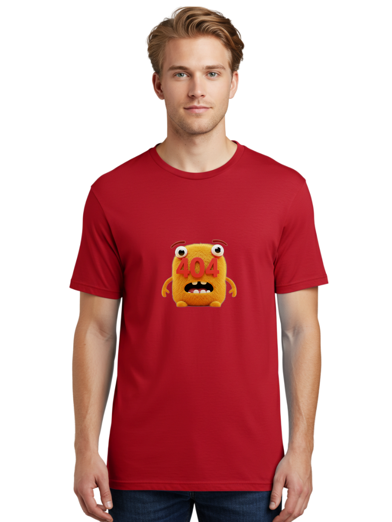 404-Character-1 Men'S Graphic Tee, 100% Cotton, Comfortable Casual Summer Wear, Machine Washable, Error Message, 404 Page Not Found, Cartoon Character, Angry Face, Red Numbers, Fuzzy Texture, Eyeballs Popped Out, Shocked Expression, Baa067