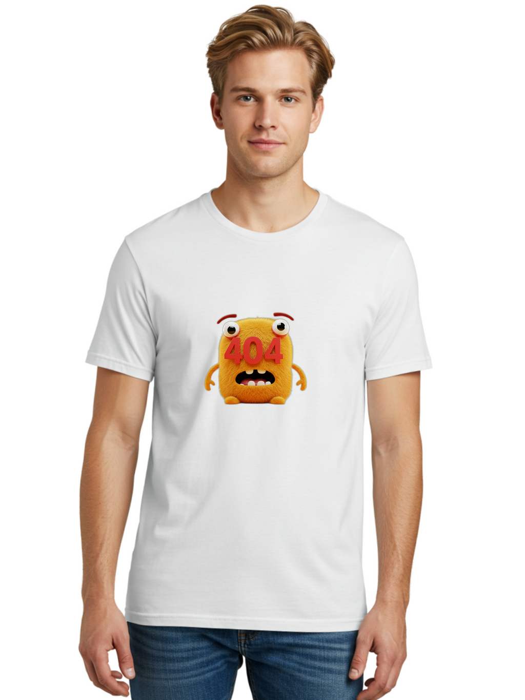 404-Character-1 Men'S Graphic Tee, 100% Cotton, Comfortable Casual Summer Wear, Machine Washable, Error Message, 404 Page Not Found, Cartoon Character, Angry Face, Red Numbers, Fuzzy Texture, Eyeballs Popped Out, Shocked Expression, Baa067