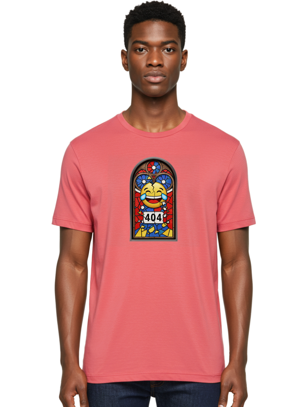 404-Emoji-Stained-Glass Men'S Graphic Tee, 100% Cotton, Comfortable Casual Summer Wear, Machine Washable, Stained Glass Window, Crying Laughing Emoji, Broken Glass, 404 Error, Humorous Design, Playful Art, Digital Illustration, Baa070