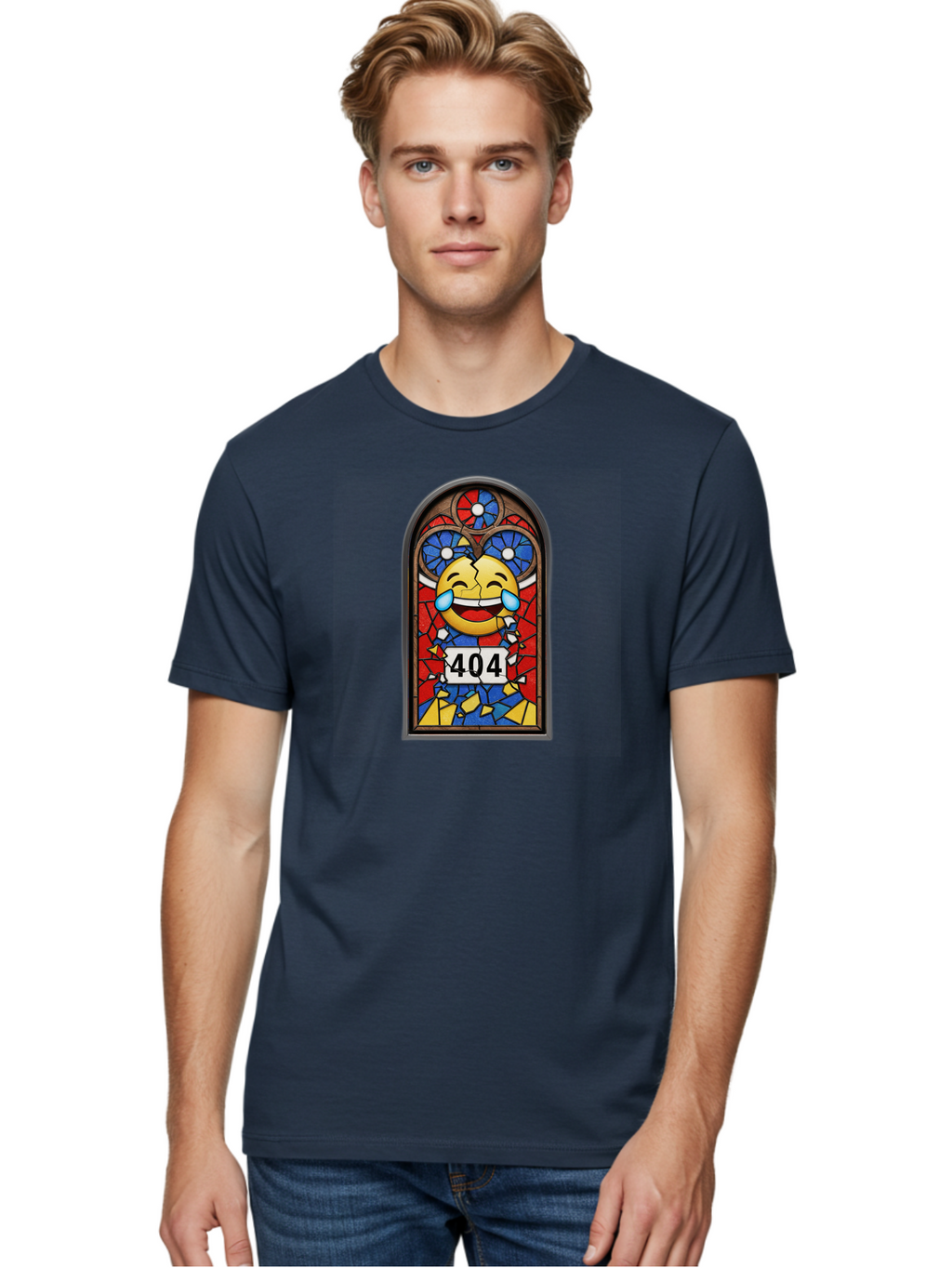 404-Emoji-Stained-Glass Men'S Graphic Tee, 100% Cotton, Comfortable Casual Summer Wear, Machine Washable, Stained Glass Window, Crying Laughing Emoji, Broken Glass, 404 Error, Humorous Design, Playful Art, Digital Illustration, Baa070