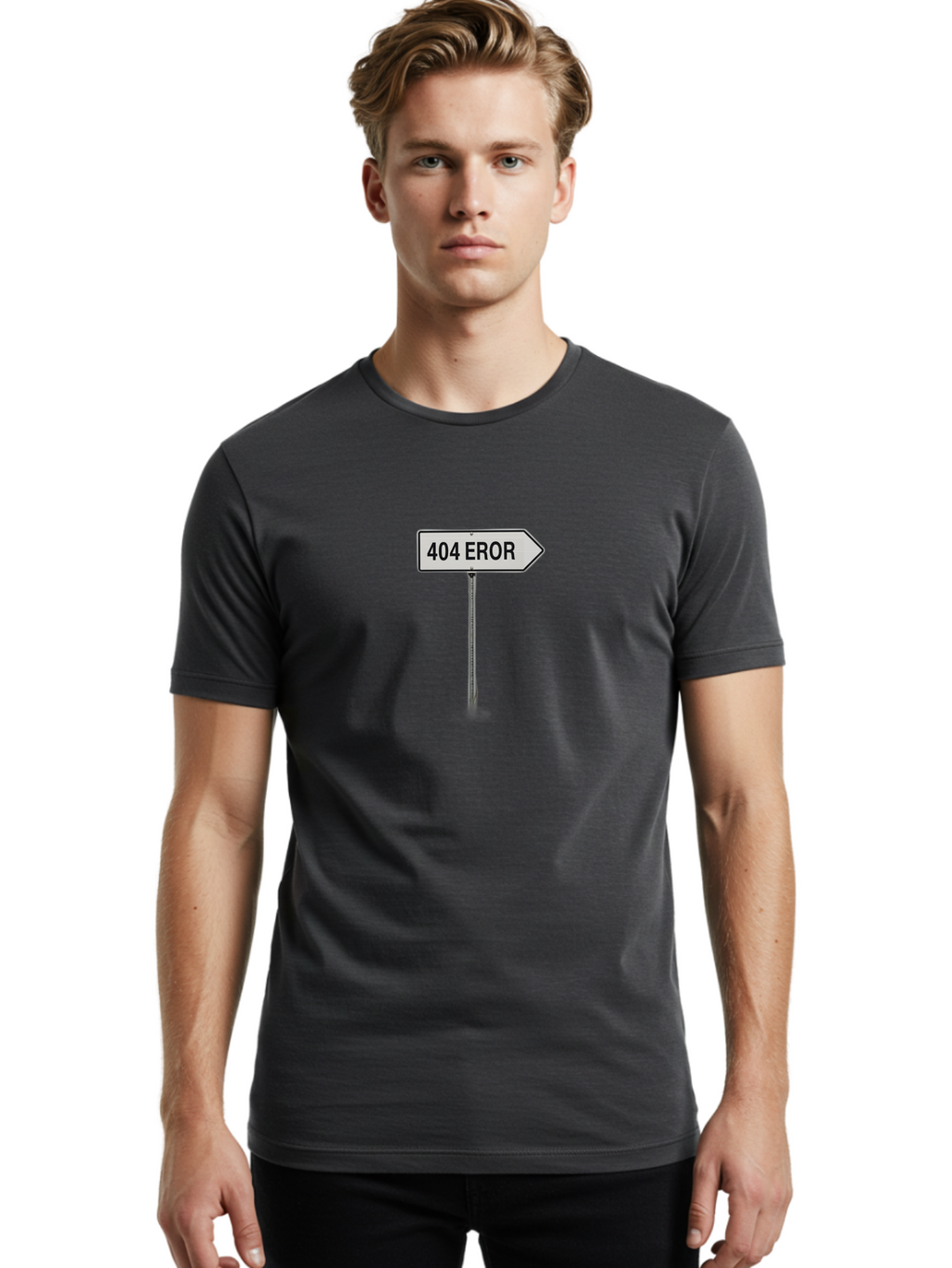 404-Eror Men'S Graphic Tee, 100% Cotton, Comfortable Casual Summer Wear, Machine Washable, 404 Error Sign, Navigation Sign, Error Message, Directional Sign, Misspelled Text, White Sign, Black Text, Arrow Sign, Metal Pole, Page Not Found Baa072