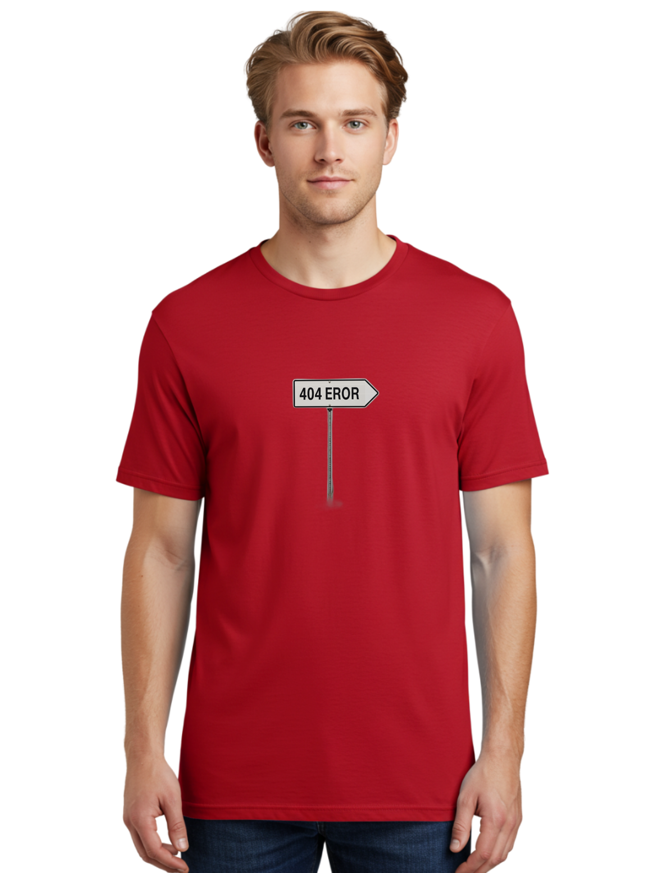 404-Eror Men'S Graphic Tee, 100% Cotton, Comfortable Casual Summer Wear, Machine Washable, 404 Error Sign, Navigation Sign, Error Message, Directional Sign, Misspelled Text, White Sign, Black Text, Arrow Sign, Metal Pole, Page Not Found Baa072