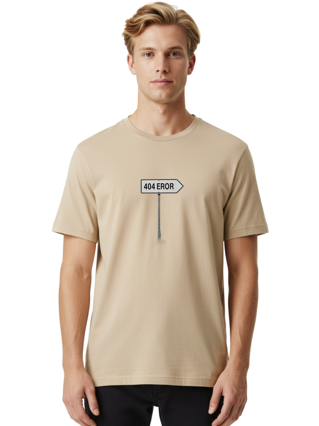 404-Eror Men'S Graphic Tee, 100% Cotton, Comfortable Casual Summer Wear, Machine Washable, 404 Error Sign, Navigation Sign, Error Message, Directional Sign, Misspelled Text, White Sign, Black Text, Arrow Sign, Metal Pole, Page Not Found Baa072