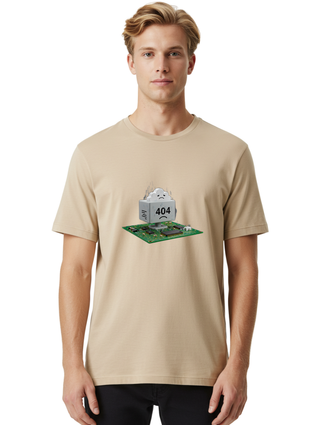 404-Error-10 Men'S Graphic Tee, 100% Cotton, Comfortable Casual Summer Wear, Machine Washable, 404 Error Message, Sad Cloud, Unhappy Face, Computer Hardware, Circuit Board, Error Code, Webpage Not Found, Broken Link, Digital Frustration, Baa074