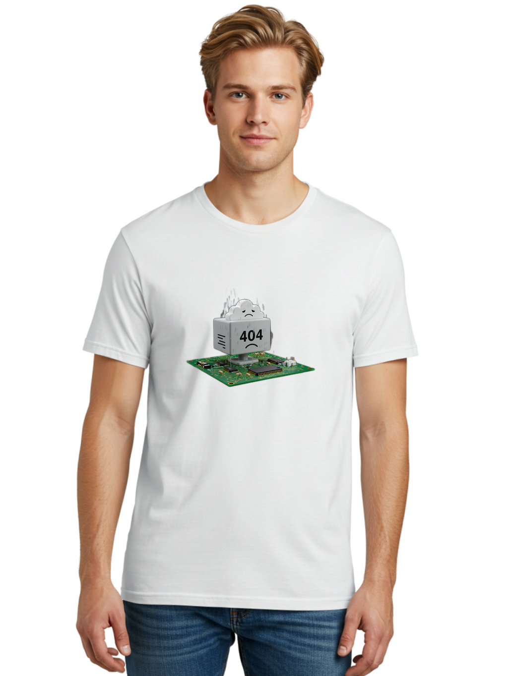 404-Error-10 Men'S Graphic Tee, 100% Cotton, Comfortable Casual Summer Wear, Machine Washable, 404 Error Message, Sad Cloud, Unhappy Face, Computer Hardware, Circuit Board, Error Code, Webpage Not Found, Broken Link, Digital Frustration, Baa074