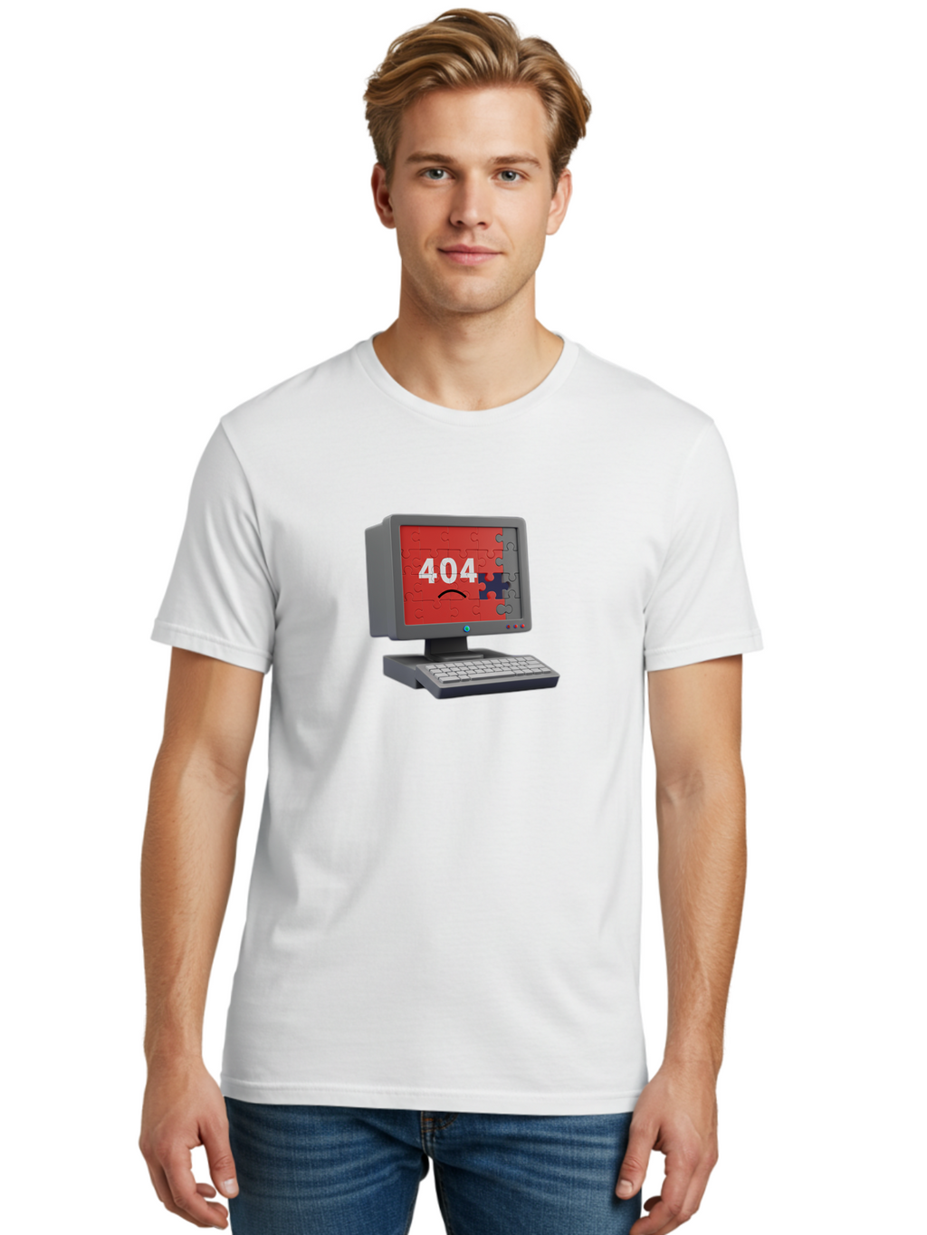 404-Error-11 Men'S Graphic Tee, 100% Cotton, Comfortable Casual Summer Wear, Machine Washable, Computer Monitor Displaying 404 Error, Jigsaw Puzzle Pieces, Error Message, Broken Screen, Technical Issue, Puzzle Pieces Falling Apart, Baa075