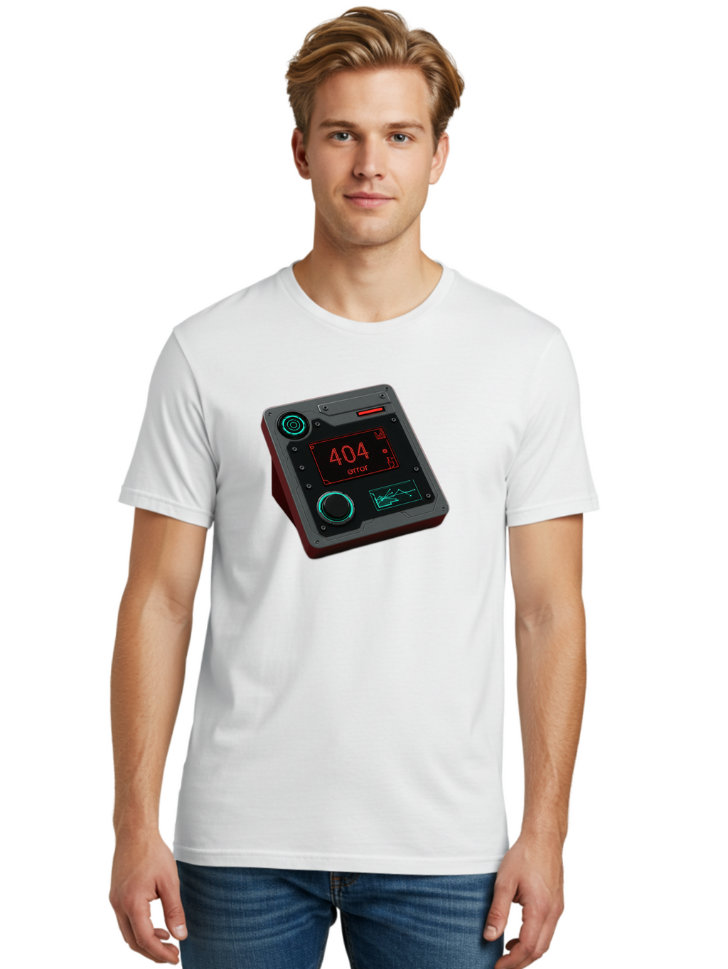 404-Error-4 Men'S Graphic Tee, 100% Cotton, Comfortable Casual Summer Wear, Machine Washable, Futuristic Device, 404 Error Message, Neon Lights, Digital Display, Error Screen, Cyberpunk Technology, Glitchy Interface, High-Tech Gadget Baa078