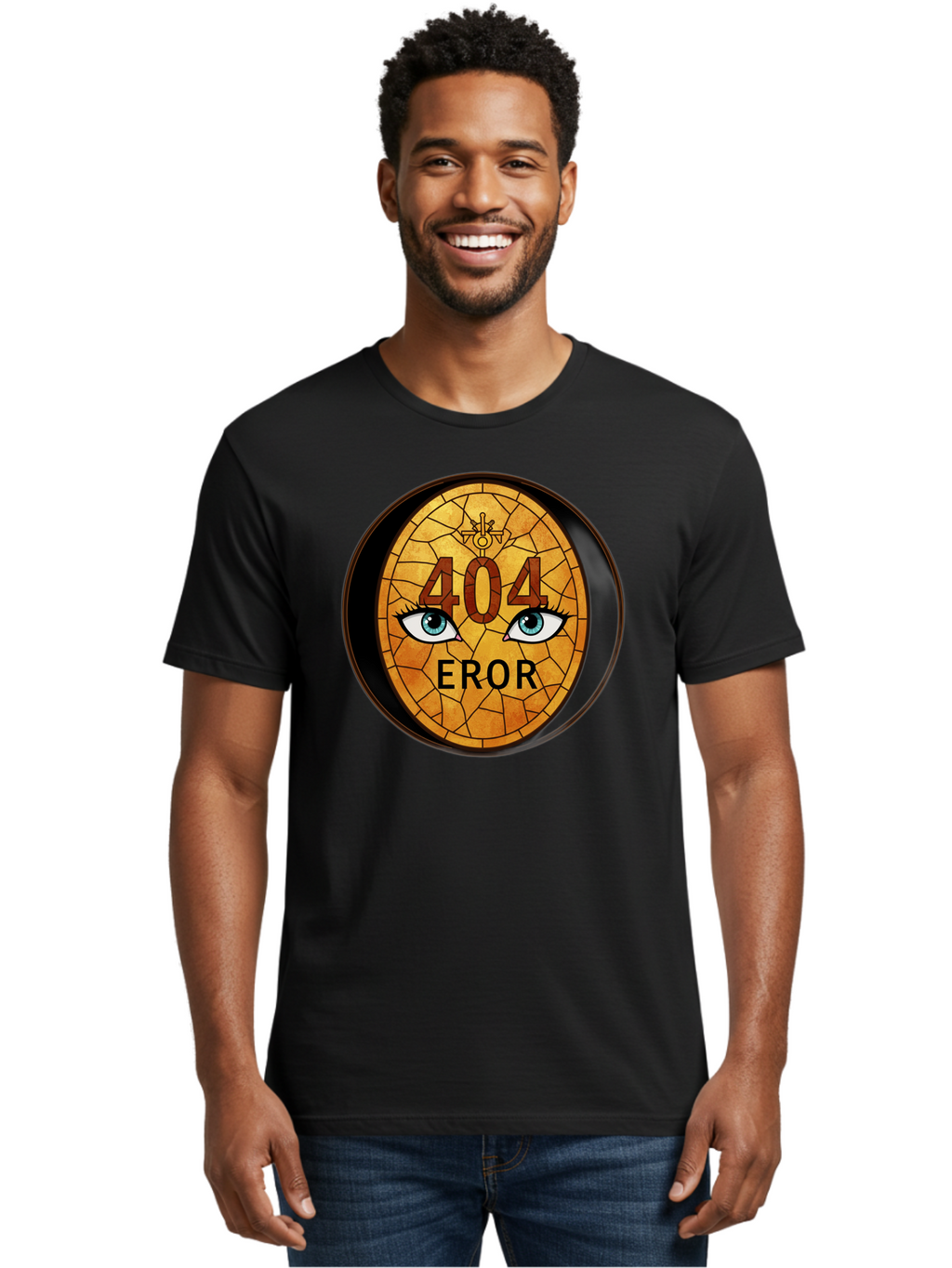 404-Error-7 Men'S Graphic Tee, 100% Cotton, Comfortable Casual Summer Wear, Machine Washable, 404 Error Message, Stained Glass Art, Mysterious Eyes, Website Error, Broken Link, Technical Issue, Surreal Design, Eye-Catching Graphic, Baa081