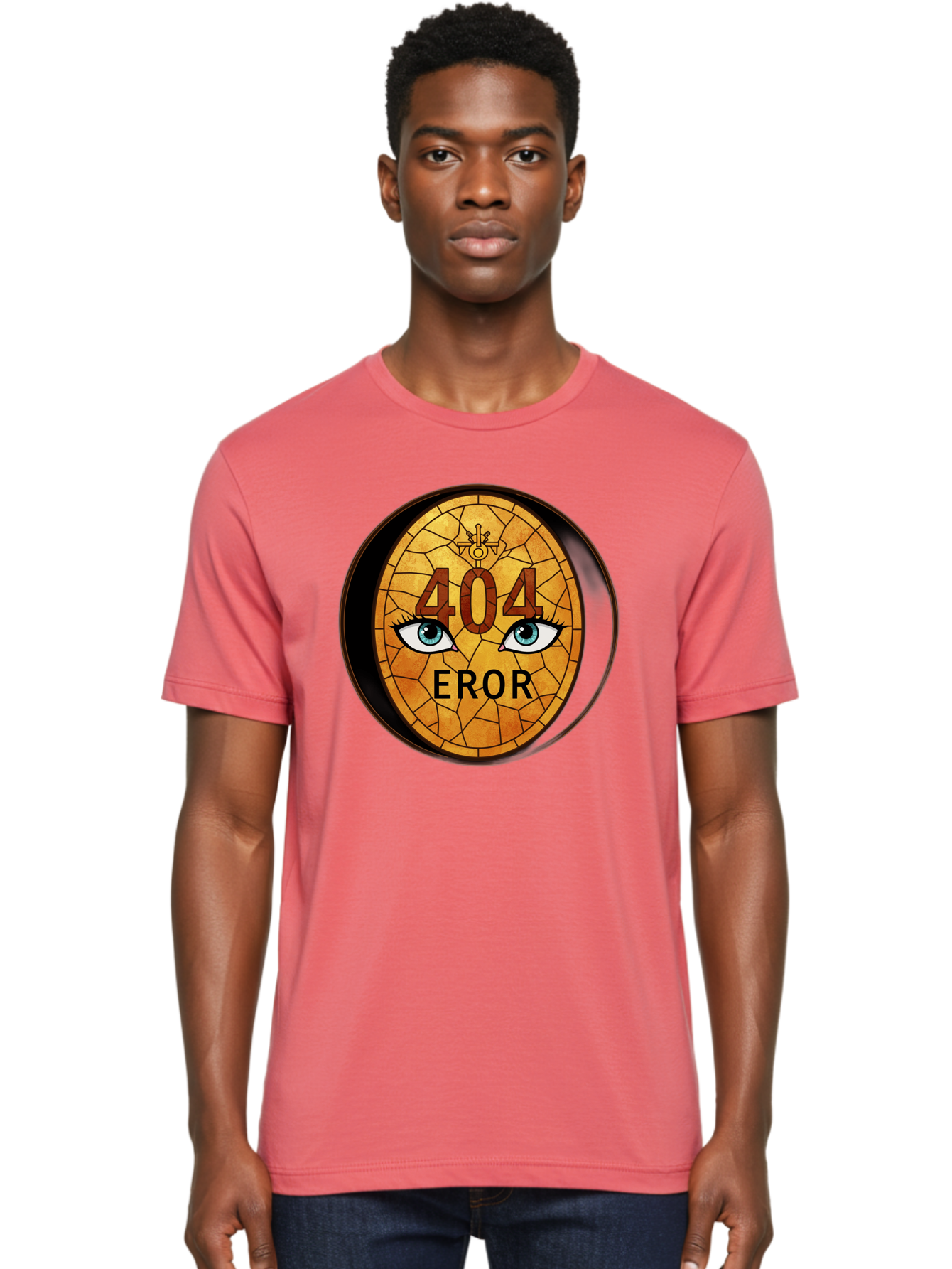 404-Error-7 Men'S Graphic Tee, 100% Cotton, Comfortable Casual Summer Wear, Machine Washable, 404 Error Message, Stained Glass Art, Mysterious Eyes, Website Error, Broken Link, Technical Issue, Surreal Design, Eye-Catching Graphic, Baa081