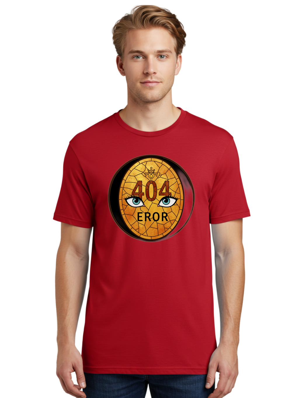 404-Error-7 Men'S Graphic Tee, 100% Cotton, Comfortable Casual Summer Wear, Machine Washable, 404 Error Message, Stained Glass Art, Mysterious Eyes, Website Error, Broken Link, Technical Issue, Surreal Design, Eye-Catching Graphic, Baa081