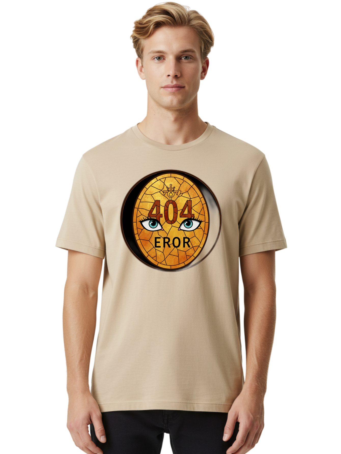 404-Error-7 Men'S Graphic Tee, 100% Cotton, Comfortable Casual Summer Wear, Machine Washable, 404 Error Message, Stained Glass Art, Mysterious Eyes, Website Error, Broken Link, Technical Issue, Surreal Design, Eye-Catching Graphic, Baa081