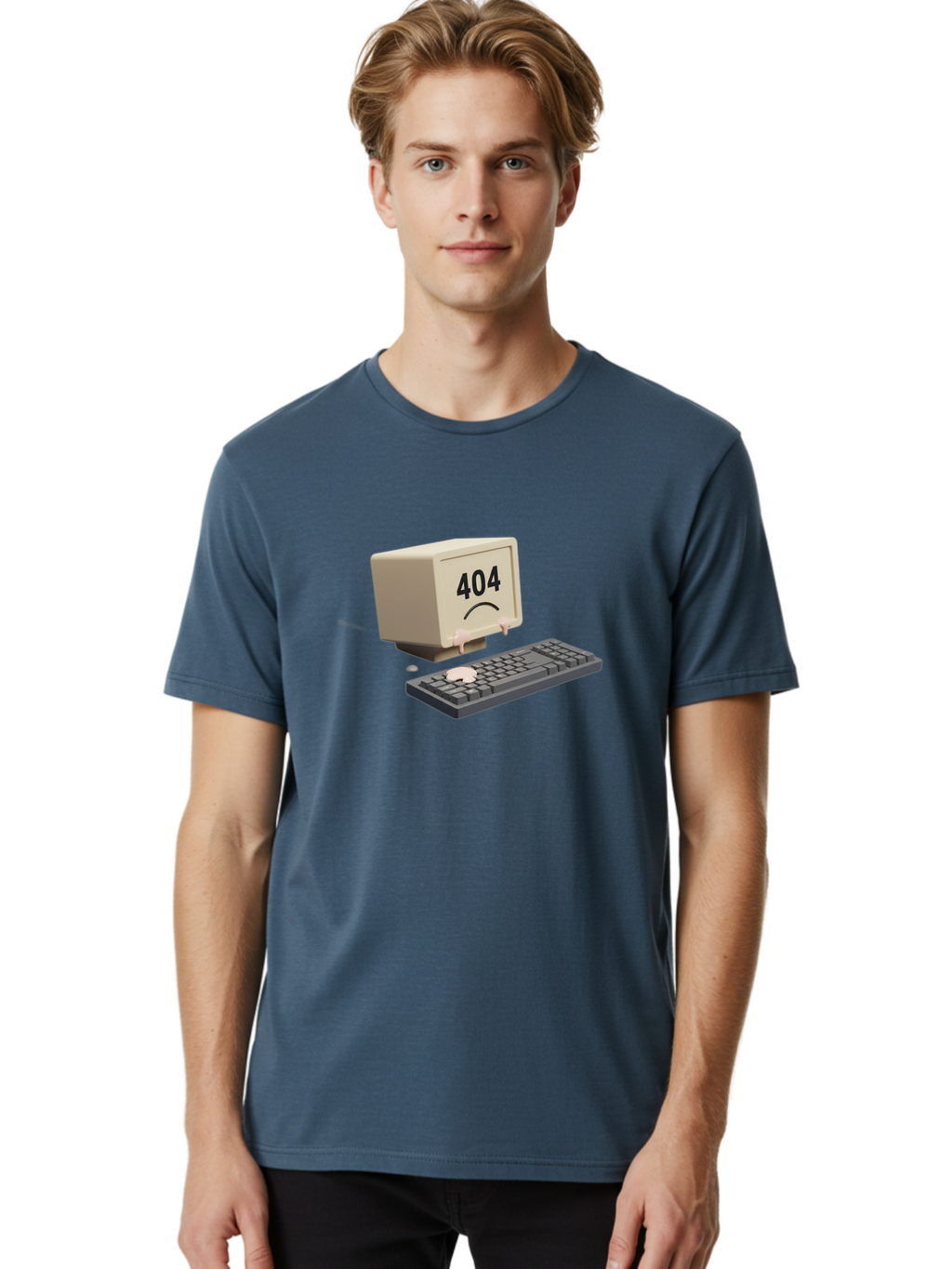 404-Error-Computer Men'S Graphic Tee, 100% Cotton, Comfortable Casual Summer Wear, Machine Washable, Computer Error, 404 Message, Frowning Face, Sad Computer, Technical Issue, Error Screen, Keyboard And Monitor, Digital Malfunction, Baa084