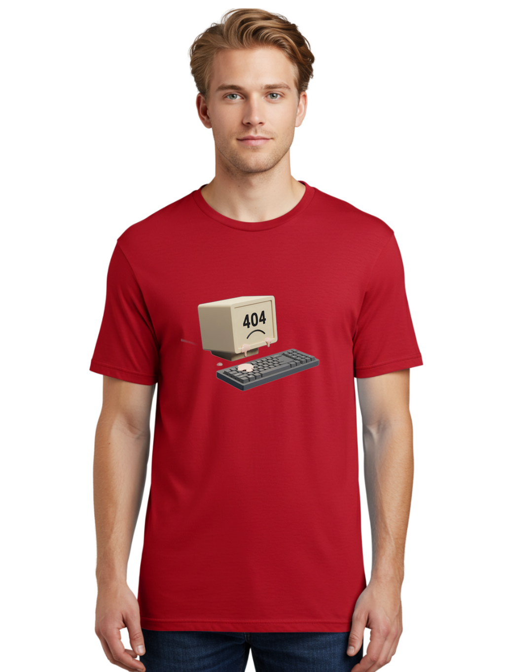404-Error-Computer Men'S Graphic Tee, 100% Cotton, Comfortable Casual Summer Wear, Machine Washable, Computer Error, 404 Message, Frowning Face, Sad Computer, Technical Issue, Error Screen, Keyboard And Monitor, Digital Malfunction, Baa084