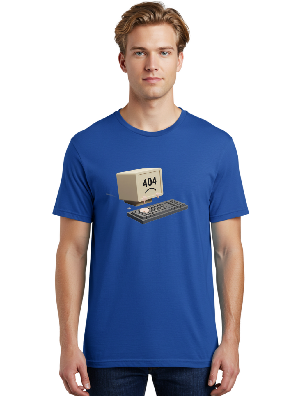 404-Error-Computer Men'S Graphic Tee, 100% Cotton, Comfortable Casual Summer Wear, Machine Washable, Computer Error, 404 Message, Frowning Face, Sad Computer, Technical Issue, Error Screen, Keyboard And Monitor, Digital Malfunction, Baa084