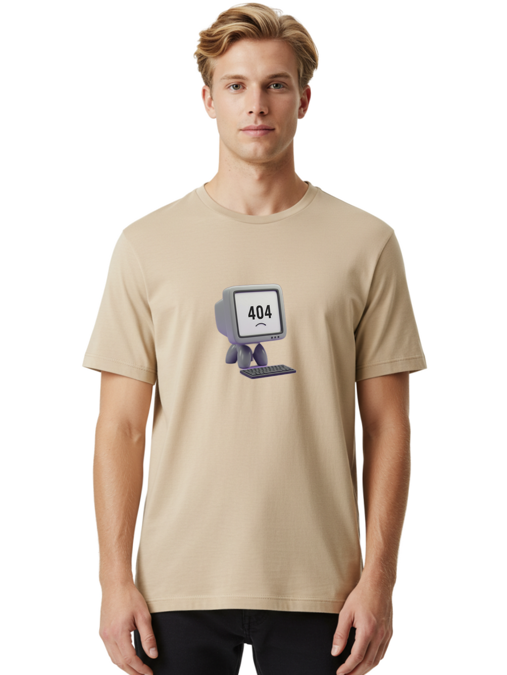 404-Error-Monitor Men'S Graphic Tee, 100% Cotton, Comfortable Casual Summer Wear, Machine Washable, 404 Error Message, Computer With Sad Face, Broken Link, Website Not Found, Error Page, Technical Issue, Webpage Unavailable, Sad Emoticon, Baa086
