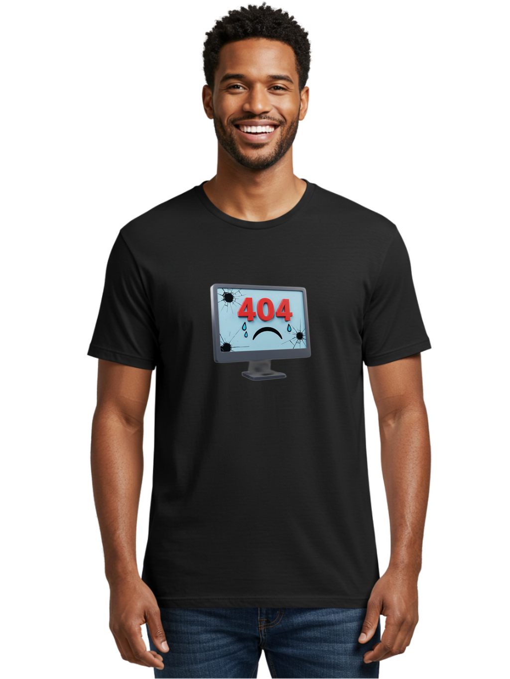 404-Error-Screen-1 Men'S Graphic Tee, 100% Cotton, Comfortable Casual Summer Wear, Machine Washable, Computer Monitor, 404 Error Message, Cracked Screen, Sad Face Emoticon, Blue Tears, Error Notification, Broken Display, Technical Issue, Baa090