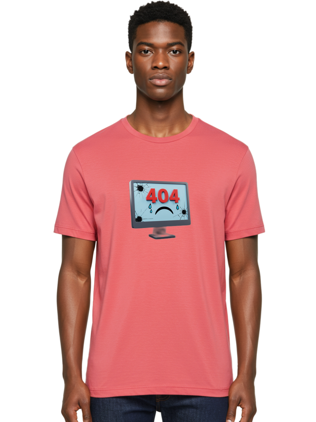 404-Error-Screen-1 Men'S Graphic Tee, 100% Cotton, Comfortable Casual Summer Wear, Machine Washable, Computer Monitor, 404 Error Message, Cracked Screen, Sad Face Emoticon, Blue Tears, Error Notification, Broken Display, Technical Issue, Baa090