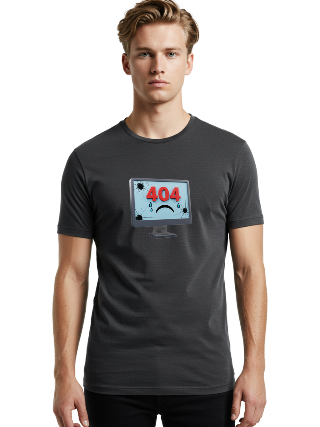404-Error-Screen-1 Men'S Graphic Tee, 100% Cotton, Comfortable Casual Summer Wear, Machine Washable, Computer Monitor, 404 Error Message, Cracked Screen, Sad Face Emoticon, Blue Tears, Error Notification, Broken Display, Technical Issue, Baa090