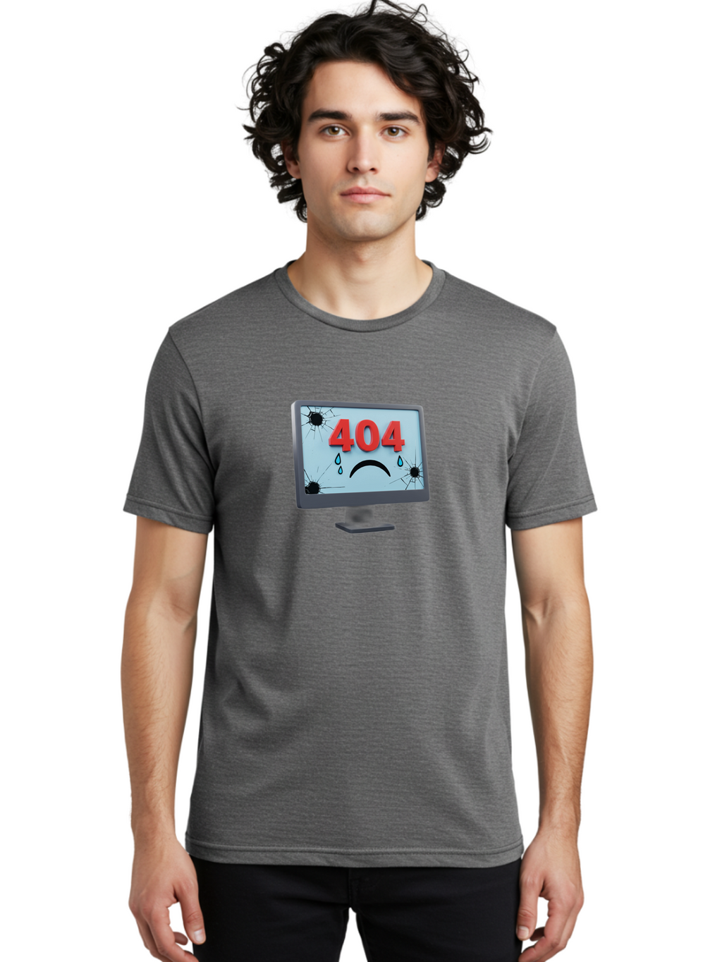 404-Error-Screen-1 Men'S Graphic Tee, 100% Cotton, Comfortable Casual Summer Wear, Machine Washable, Computer Monitor, 404 Error Message, Cracked Screen, Sad Face Emoticon, Blue Tears, Error Notification, Broken Display, Technical Issue, Baa090