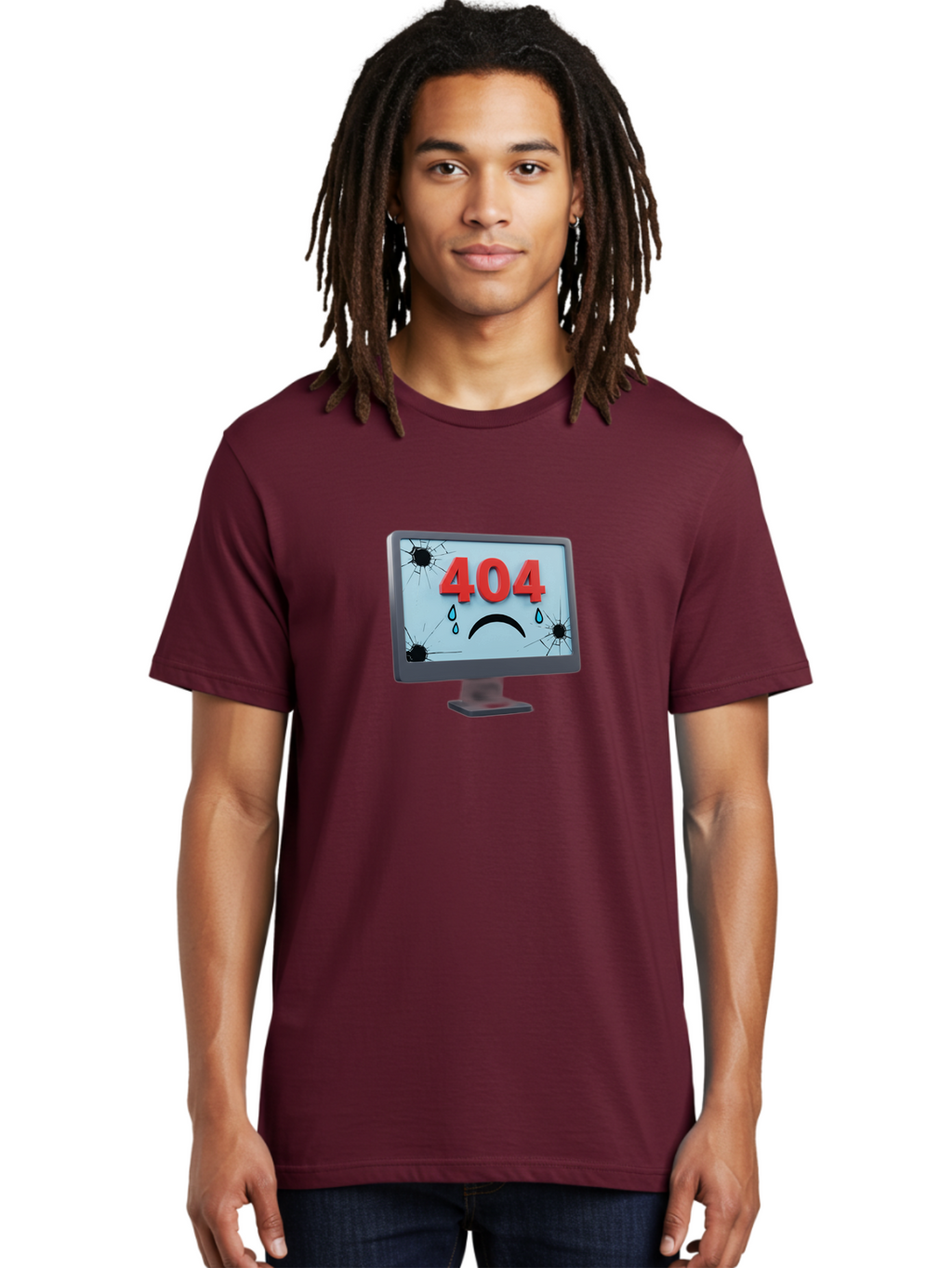 404-Error-Screen-1 Men'S Graphic Tee, 100% Cotton, Comfortable Casual Summer Wear, Machine Washable, Computer Monitor, 404 Error Message, Cracked Screen, Sad Face Emoticon, Blue Tears, Error Notification, Broken Display, Technical Issue, Baa090