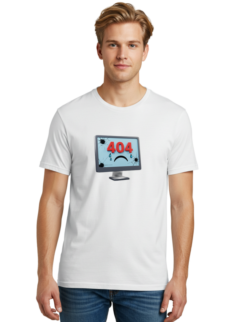 404-Error-Screen-1 Men'S Graphic Tee, 100% Cotton, Comfortable Casual Summer Wear, Machine Washable, Computer Monitor, 404 Error Message, Cracked Screen, Sad Face Emoticon, Blue Tears, Error Notification, Broken Display, Technical Issue, Baa090