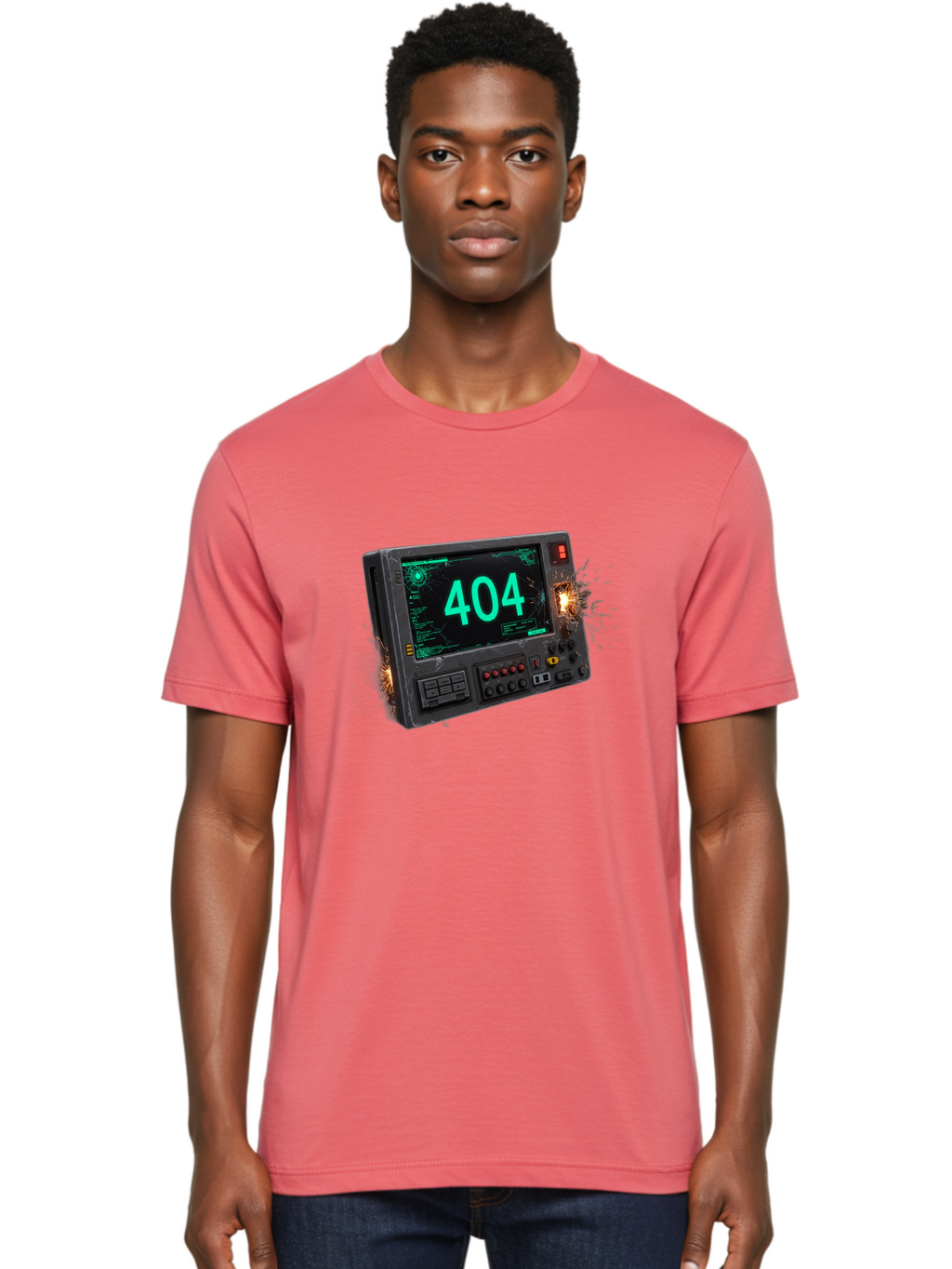 404-Error-Screen Men'S Graphic Tee, 100% Cotton, Comfortable Casual Summer Wear, Machine Washable, Error Message, 404, Computer Screen, Sparks Flying, Malfunctioning, Cyberpunk, Digital Glitches, Futuristic Technology, Error Code Baa091