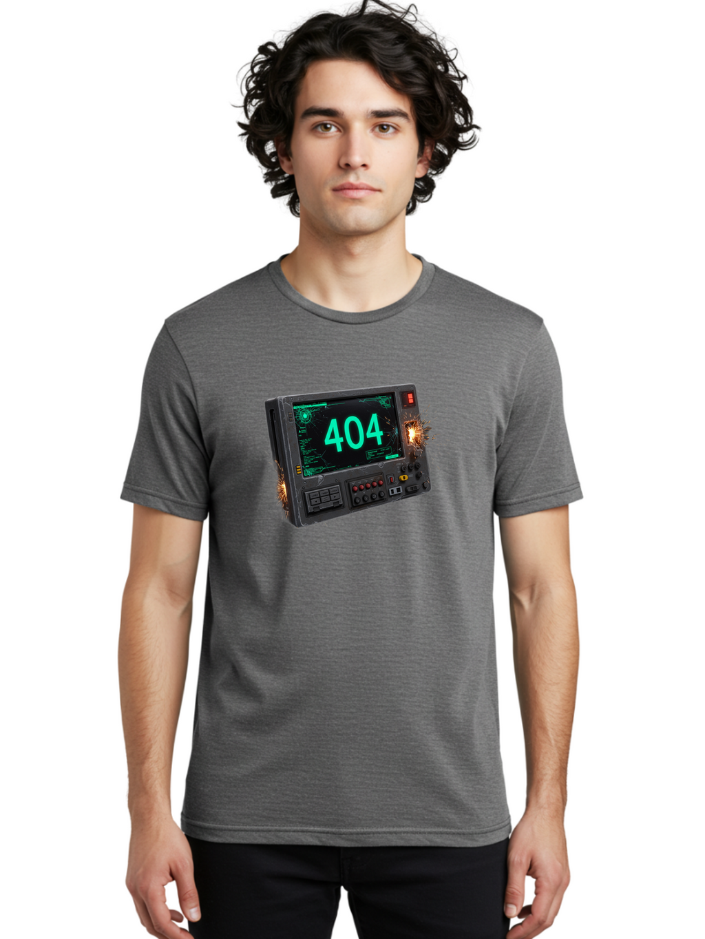 404-Error-Screen Men'S Graphic Tee, 100% Cotton, Comfortable Casual Summer Wear, Machine Washable, Error Message, 404, Computer Screen, Sparks Flying, Malfunctioning, Cyberpunk, Digital Glitches, Futuristic Technology, Error Code Baa091