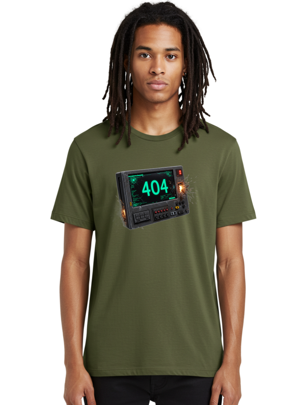 404-Error-Screen Men'S Graphic Tee, 100% Cotton, Comfortable Casual Summer Wear, Machine Washable, Error Message, 404, Computer Screen, Sparks Flying, Malfunctioning, Cyberpunk, Digital Glitches, Futuristic Technology, Error Code Baa091