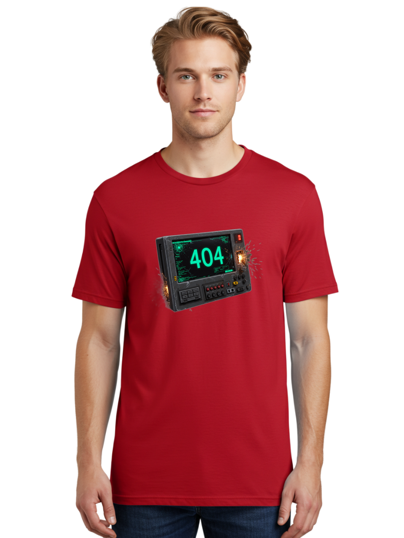404-Error-Screen Men'S Graphic Tee, 100% Cotton, Comfortable Casual Summer Wear, Machine Washable, Error Message, 404, Computer Screen, Sparks Flying, Malfunctioning, Cyberpunk, Digital Glitches, Futuristic Technology, Error Code Baa091