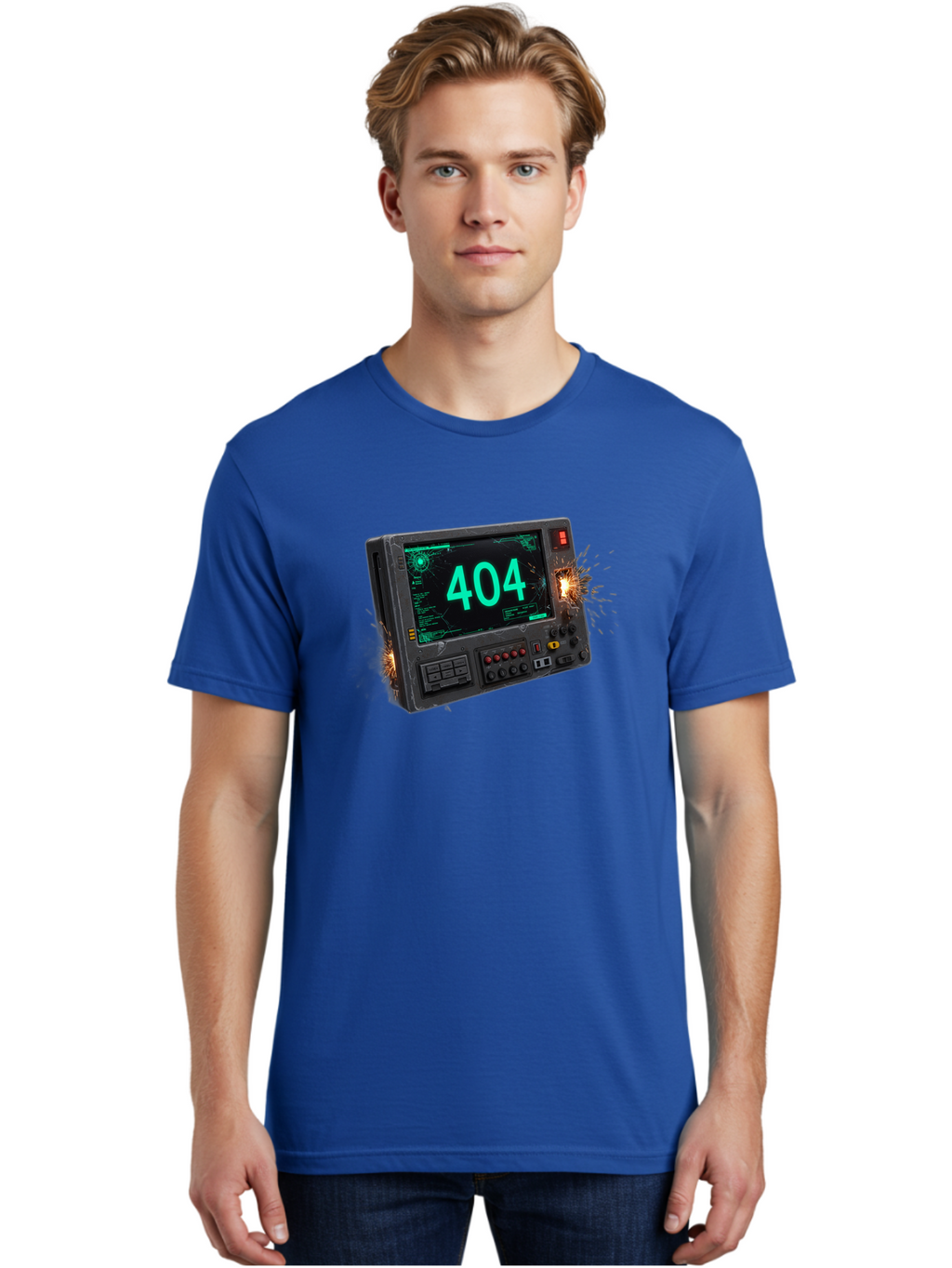 404-Error-Screen Men'S Graphic Tee, 100% Cotton, Comfortable Casual Summer Wear, Machine Washable, Error Message, 404, Computer Screen, Sparks Flying, Malfunctioning, Cyberpunk, Digital Glitches, Futuristic Technology, Error Code Baa091
