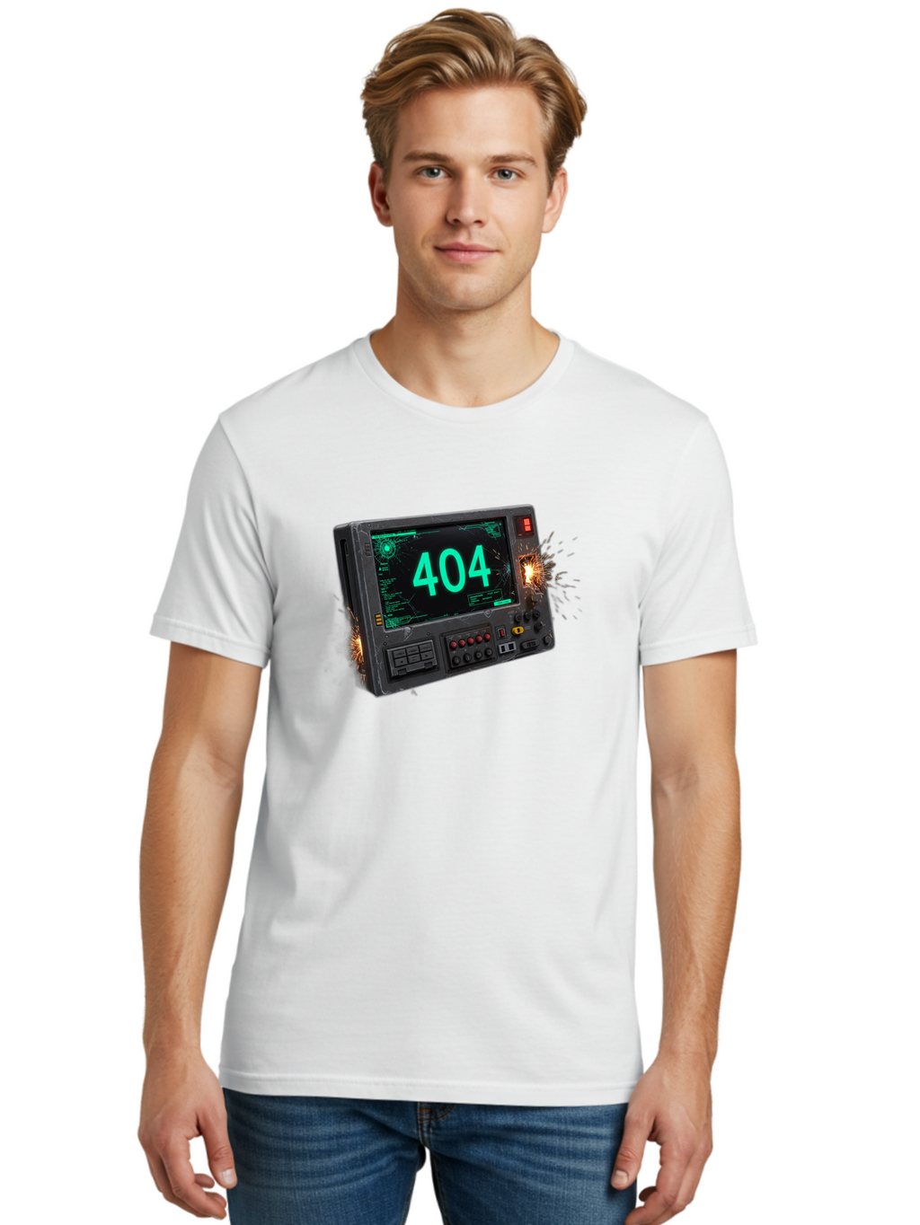 404-Error-Screen Men'S Graphic Tee, 100% Cotton, Comfortable Casual Summer Wear, Machine Washable, Error Message, 404, Computer Screen, Sparks Flying, Malfunctioning, Cyberpunk, Digital Glitches, Futuristic Technology, Error Code Baa091