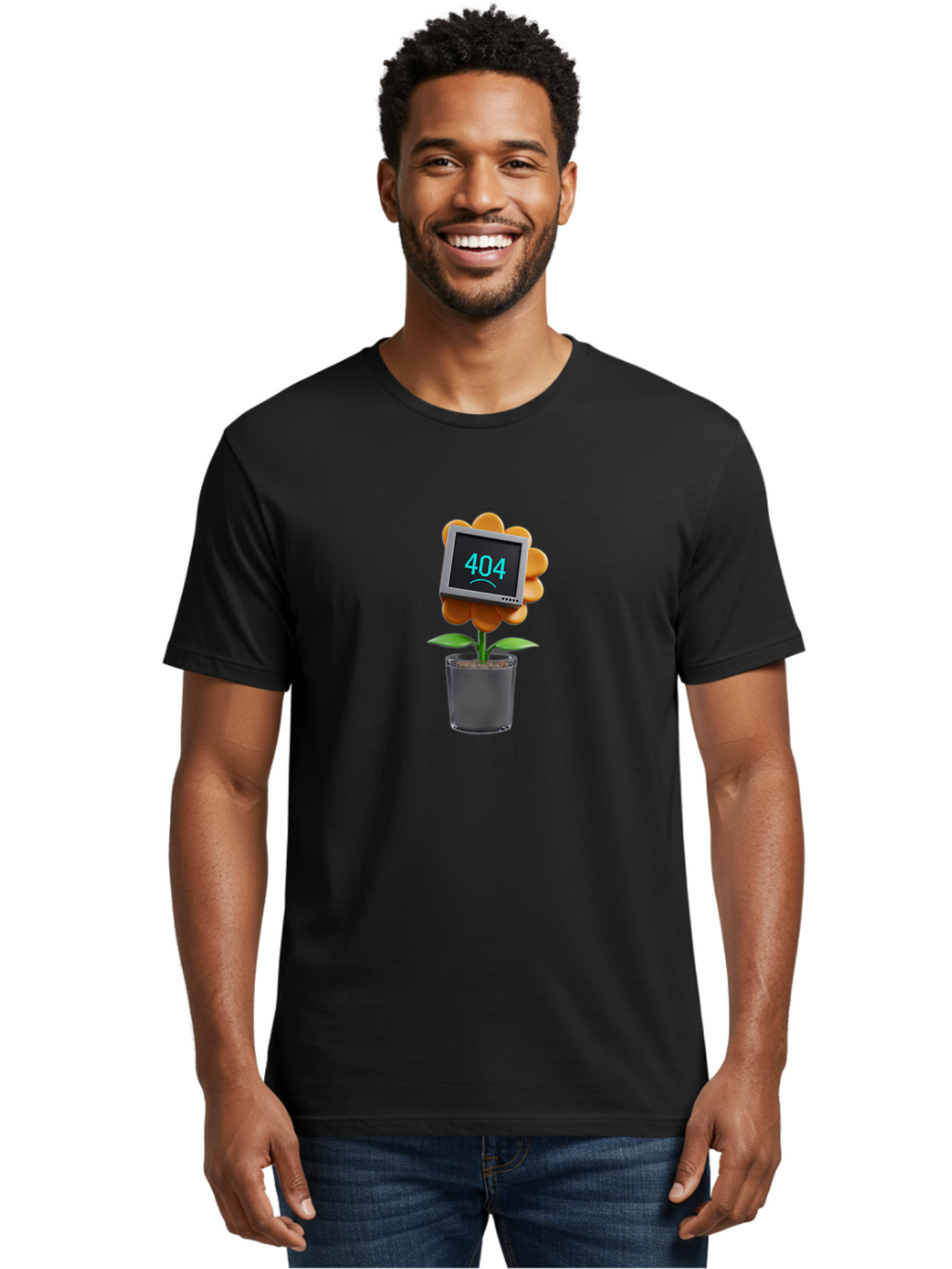 404-Flower Men'S Graphic Tee, 100% Cotton, Comfortable Casual Summer Wear, Machine Washable, Error Message, 404 Page Not Found, Orange Flower, Pot, Screen Display, Sad Face, Technology Glitch, Digital Error, Web Page Issue Baa094