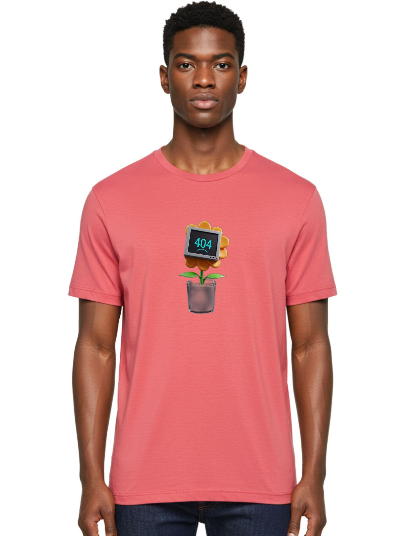 404-Flower Men'S Graphic Tee, 100% Cotton, Comfortable Casual Summer Wear, Machine Washable, Error Message, 404 Page Not Found, Orange Flower, Pot, Screen Display, Sad Face, Technology Glitch, Digital Error, Web Page Issue Baa094