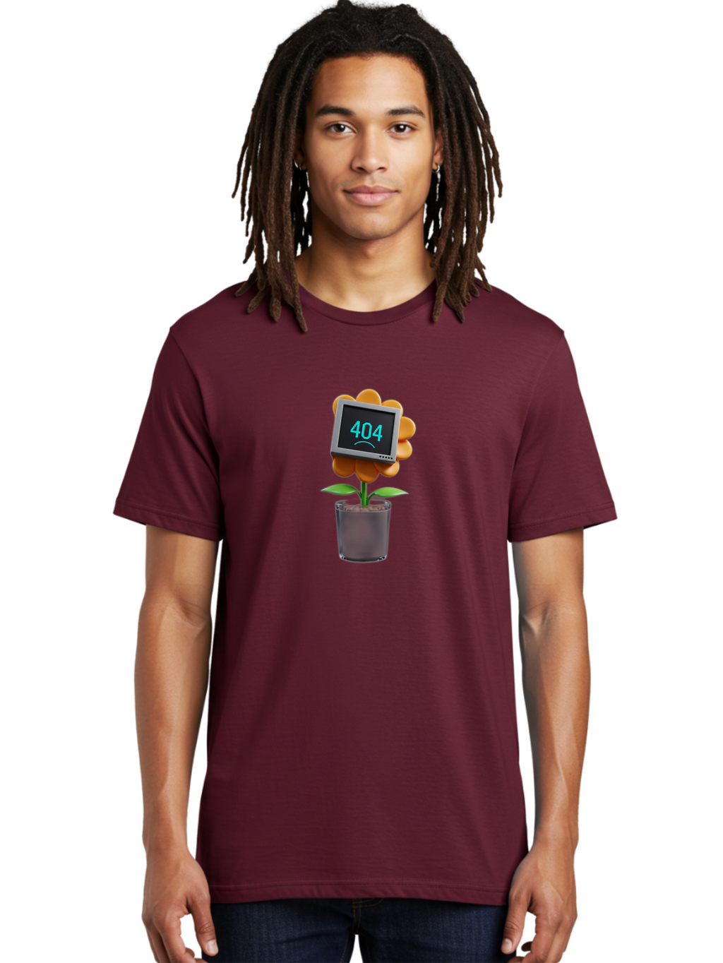 404-Flower Men'S Graphic Tee, 100% Cotton, Comfortable Casual Summer Wear, Machine Washable, Error Message, 404 Page Not Found, Orange Flower, Pot, Screen Display, Sad Face, Technology Glitch, Digital Error, Web Page Issue Baa094