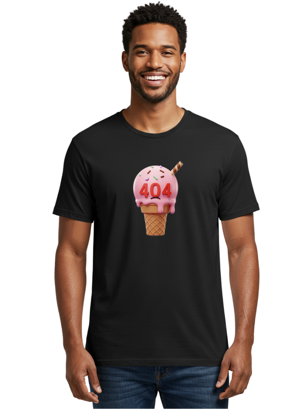 404-Ice-Cream Men'S Graphic Tee, 100% Cotton, Comfortable Casual Summer Wear, Machine Washable, Sad Ice Cream Cone, 404 Error, Pink Ice Cream, Sprinkles, Sweet Treat, Frowning Face, Melting Ice Cream, Error Message, Dessert, 404 Baa095