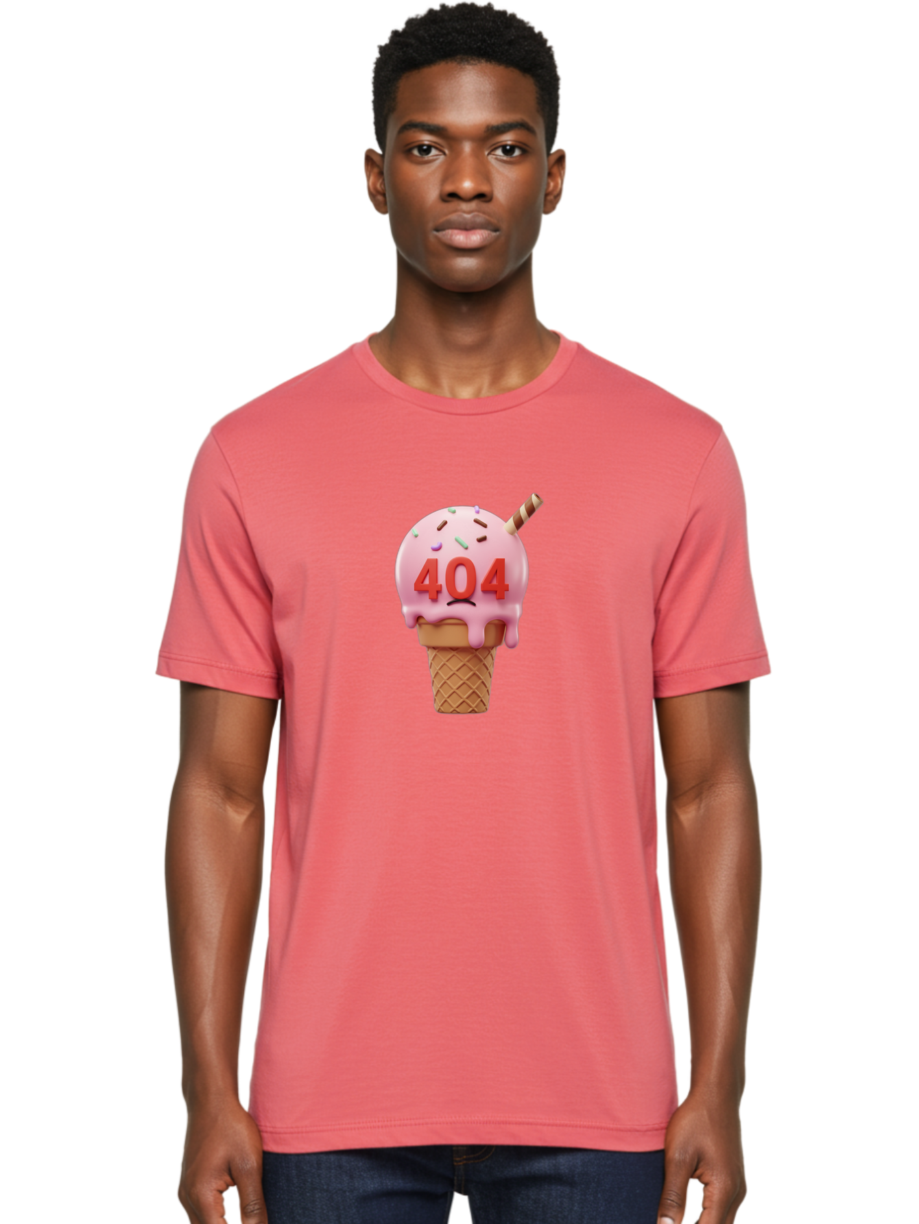 404-Ice-Cream Men'S Graphic Tee, 100% Cotton, Comfortable Casual Summer Wear, Machine Washable, Sad Ice Cream Cone, 404 Error, Pink Ice Cream, Sprinkles, Sweet Treat, Frowning Face, Melting Ice Cream, Error Message, Dessert, 404 Baa095