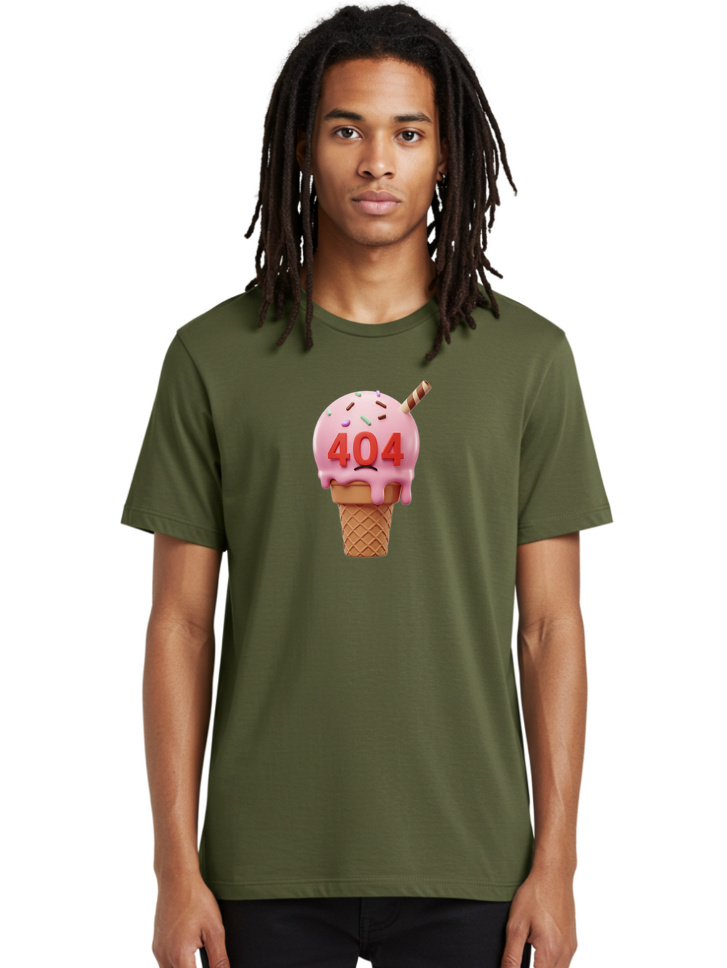 404-Ice-Cream Men'S Graphic Tee, 100% Cotton, Comfortable Casual Summer Wear, Machine Washable, Sad Ice Cream Cone, 404 Error, Pink Ice Cream, Sprinkles, Sweet Treat, Frowning Face, Melting Ice Cream, Error Message, Dessert, 404 Baa095