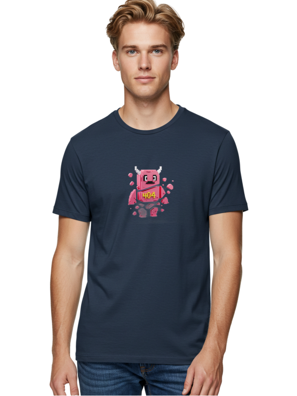 404-Minotaur Men'S Graphic Tee, 100% Cotton, Comfortable Casual Summer Wear, Machine Washable, Pixel Art, 404 Error, Broken Cube, Cute Monster, Glitchy Graphics, Retro Gaming, Digital Art, Funny Illustration, Error Message Baa097