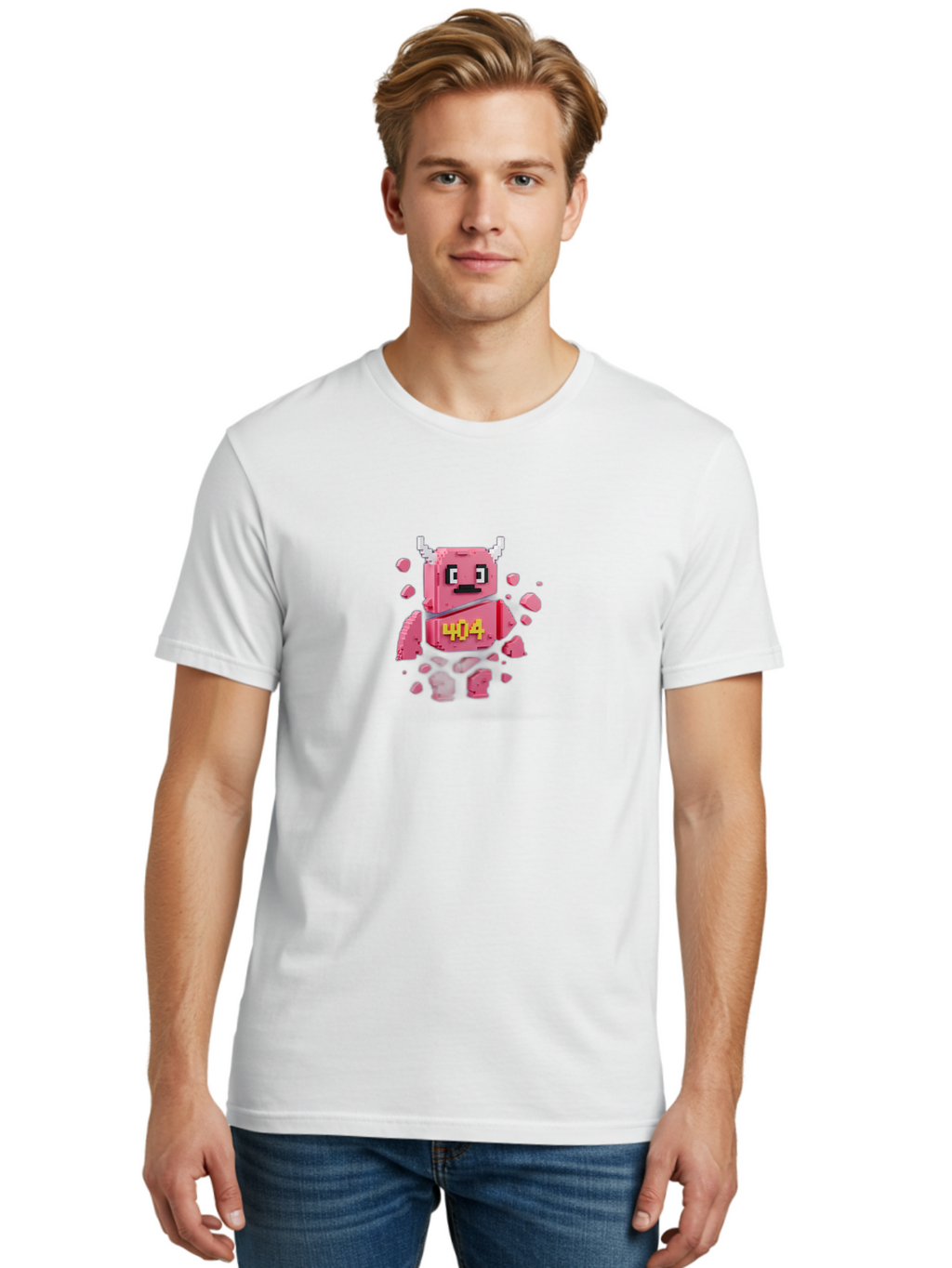 404-Minotaur Men'S Graphic Tee, 100% Cotton, Comfortable Casual Summer Wear, Machine Washable, Pixel Art, 404 Error, Broken Cube, Cute Monster, Glitchy Graphics, Retro Gaming, Digital Art, Funny Illustration, Error Message Baa097