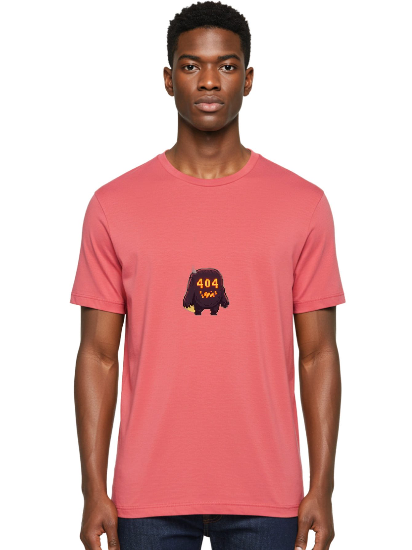 404-Monster-1 Men'S Graphic Tee, 100% Cotton, Comfortable Casual Summer Wear, Machine Washable, Pixel Art Monster, Error Message, 404 Error, Broken Link, Creepy Creature, Digital Art, Halloween Theme, Orange Glow, Dark Creature Baa098