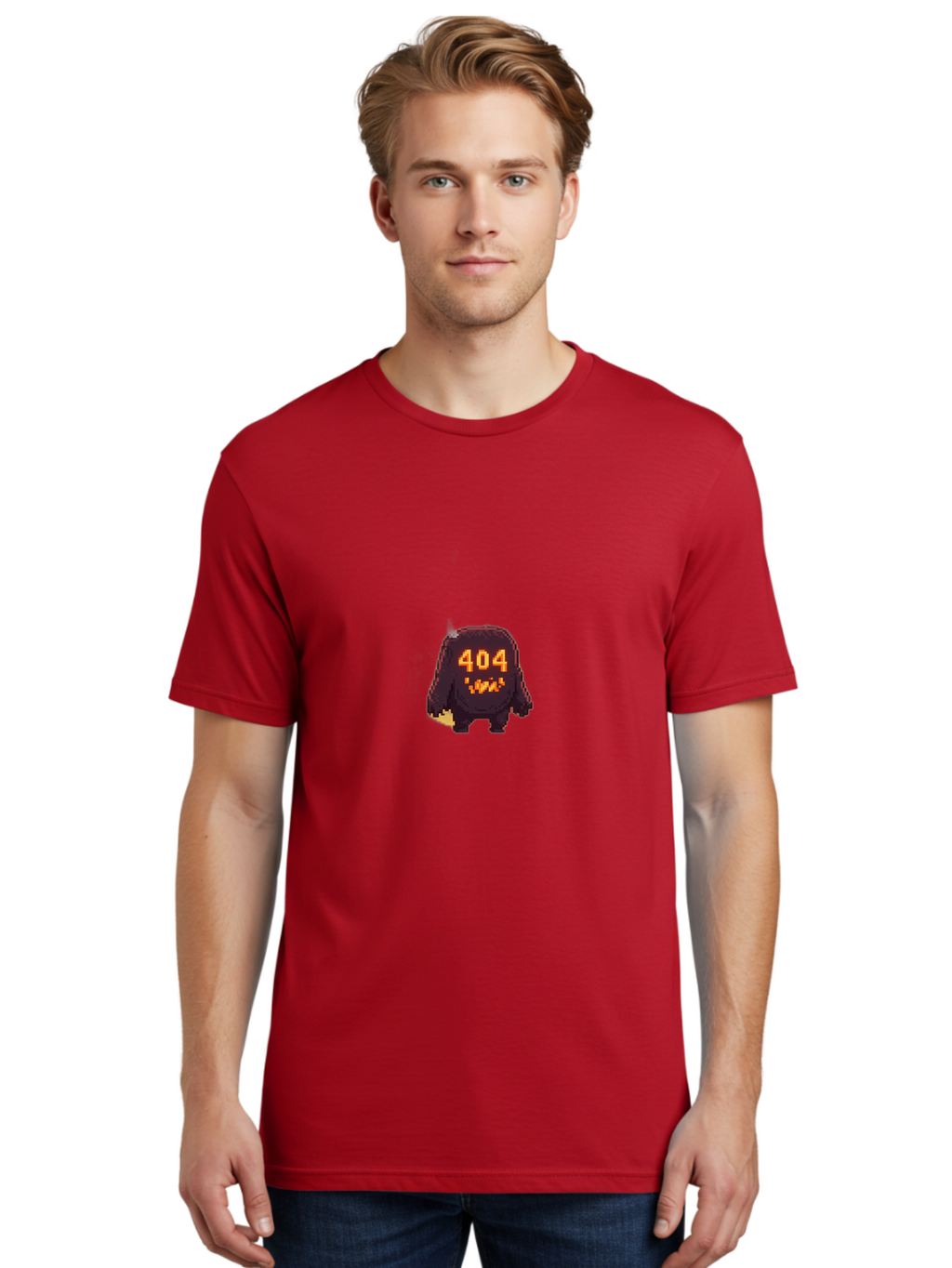 404-Monster-1 Men'S Graphic Tee, 100% Cotton, Comfortable Casual Summer Wear, Machine Washable, Pixel Art Monster, Error Message, 404 Error, Broken Link, Creepy Creature, Digital Art, Halloween Theme, Orange Glow, Dark Creature Baa098