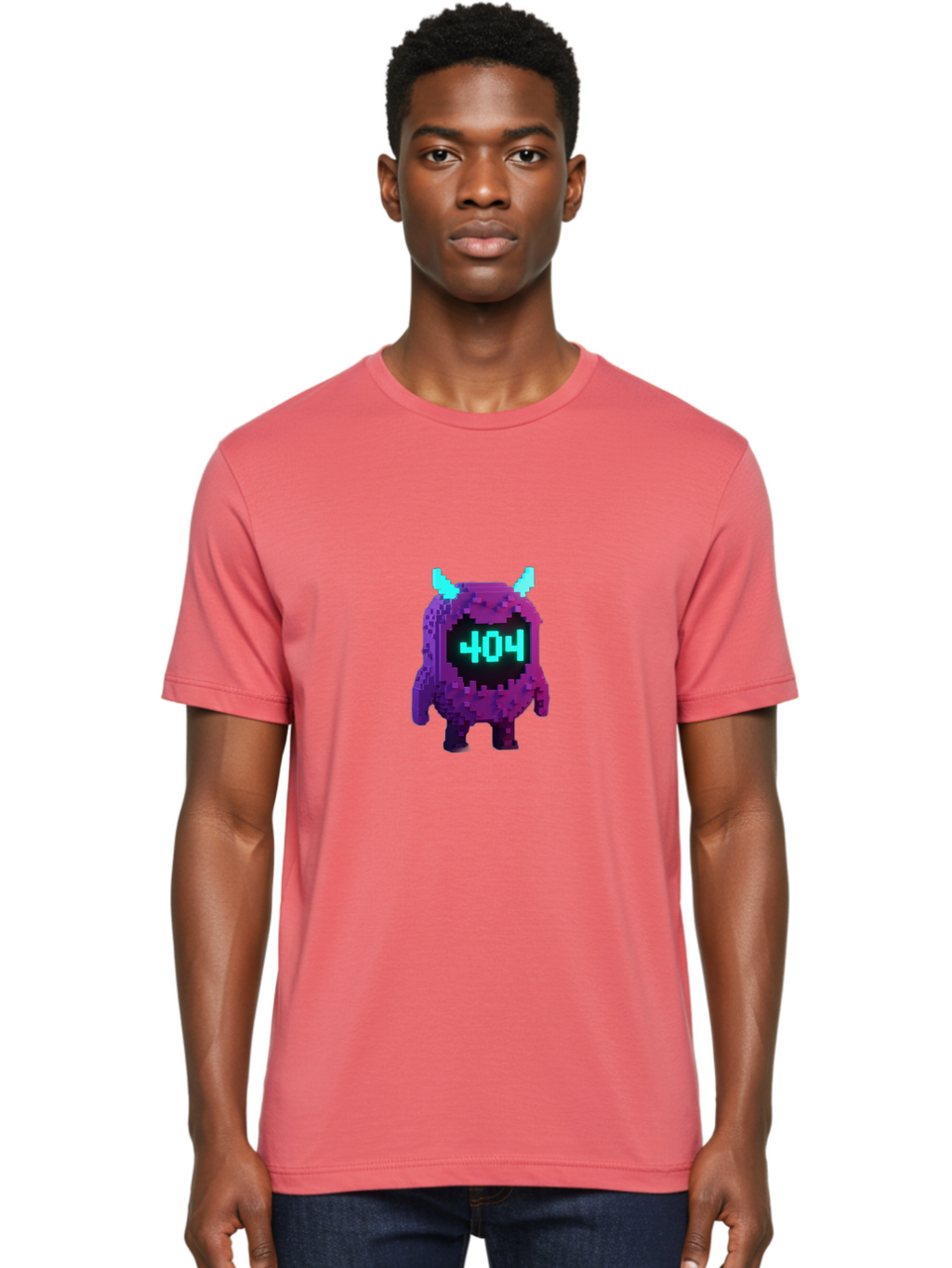 404-Monster-3 Men'S Graphic Tee, 100% Cotton, Comfortable Casual Summer Wear, Machine Washable, Pixel Art Monster, 404 Error, Digital Creature, Purple Monster, Blue Horns, Error Page, Glitchy Graphics, 8-Bit Style, Retro Gaming Baa100