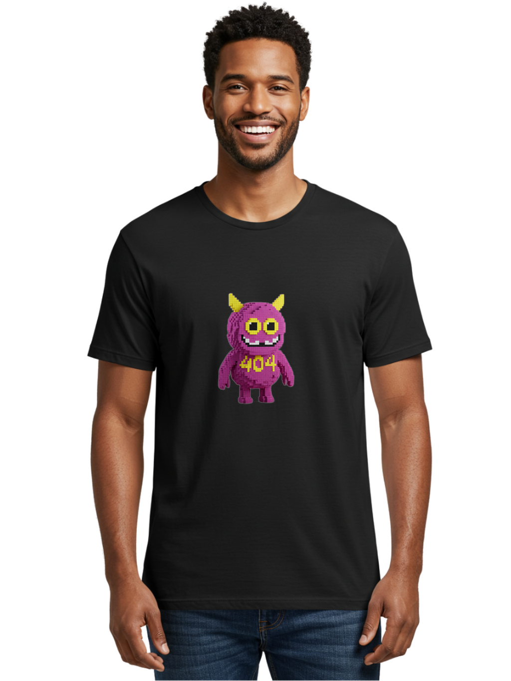 404-Monster-4 Men'S Graphic Tee, 100% Cotton, Comfortable Casual Summer Wear, Machine Washable, Pixel Art Monster, Purple Creature, Yellow Horns, 404 Error, Cartoon Character, Funny Design, Web Error Icon, Cute Pixel Monster, Digital Art, Baa101