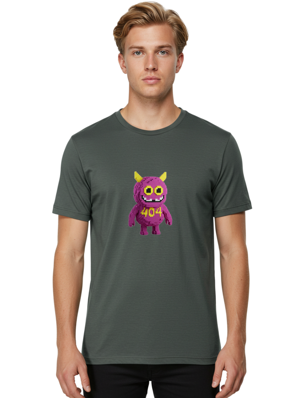 404-Monster-4 Men'S Graphic Tee, 100% Cotton, Comfortable Casual Summer Wear, Machine Washable, Pixel Art Monster, Purple Creature, Yellow Horns, 404 Error, Cartoon Character, Funny Design, Web Error Icon, Cute Pixel Monster, Digital Art, Baa101