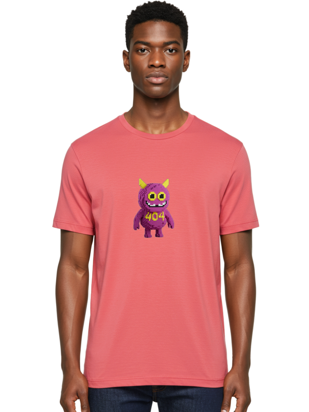 404-Monster-4 Men'S Graphic Tee, 100% Cotton, Comfortable Casual Summer Wear, Machine Washable, Pixel Art Monster, Purple Creature, Yellow Horns, 404 Error, Cartoon Character, Funny Design, Web Error Icon, Cute Pixel Monster, Digital Art, Baa101