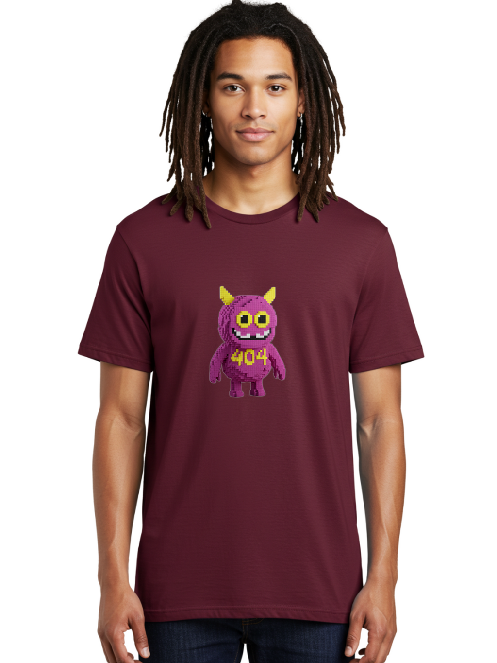 404-Monster-4 Men'S Graphic Tee, 100% Cotton, Comfortable Casual Summer Wear, Machine Washable, Pixel Art Monster, Purple Creature, Yellow Horns, 404 Error, Cartoon Character, Funny Design, Web Error Icon, Cute Pixel Monster, Digital Art, Baa101